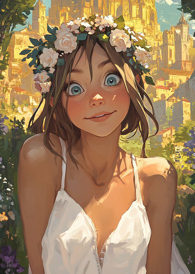 Sunlit Flower Maiden – Fantasy Girl with Floral Crown