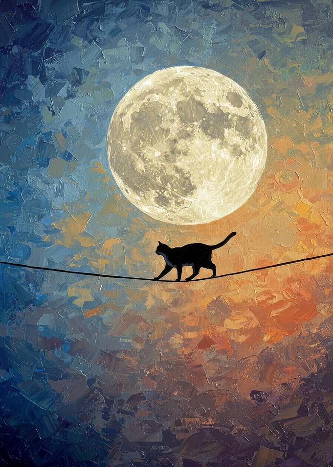 Cat Walking on Wire with Moon