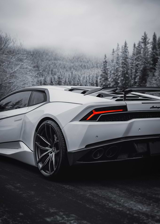 White Lamborghini in Snowy Forest