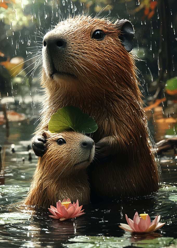 Capybara Family in the Rain