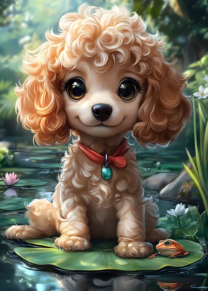 Cute Poodle on Lily Pad Animal