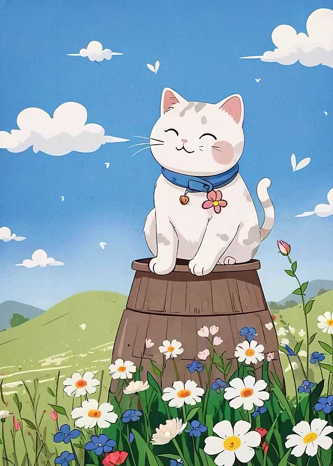 Smiling Cat in Flower Field