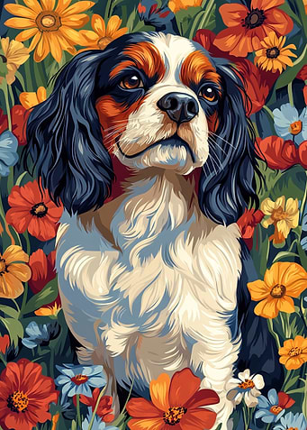 Cavalier King Charles Spaniel in Flowers | Dog Wall Art Print