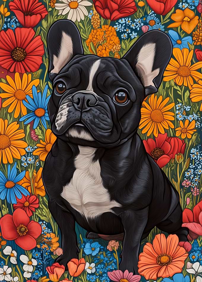 Black French Bulldog in Wildflowers | Dog Wall Art Print