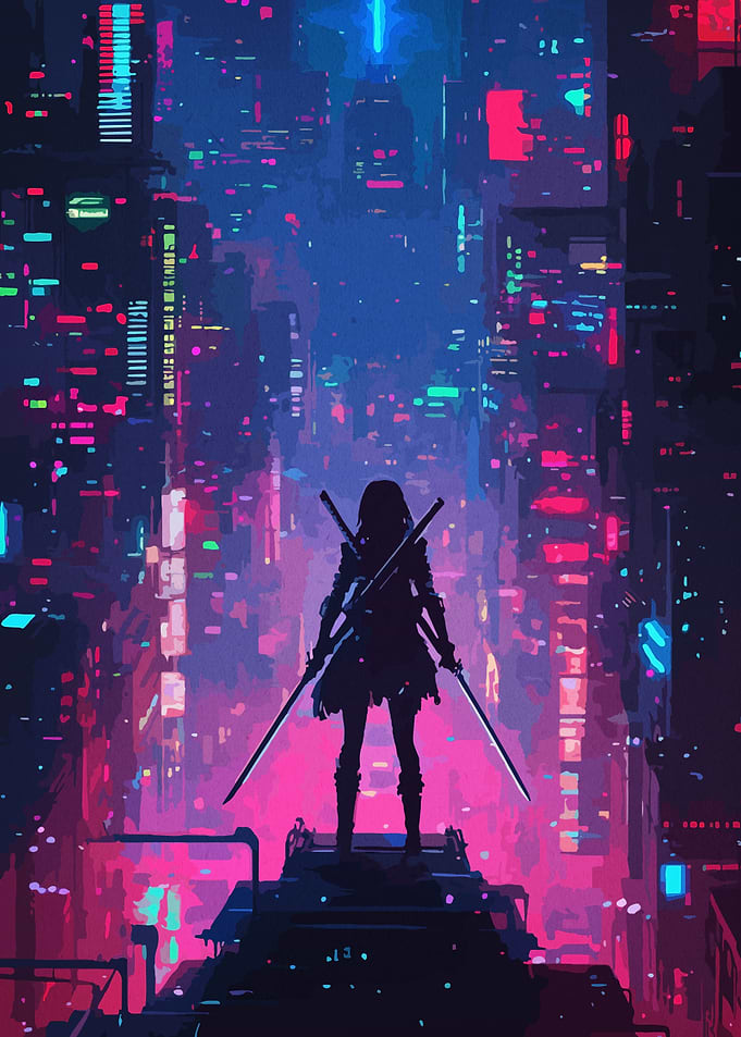 Cyberpunk Cityscape with Warrior