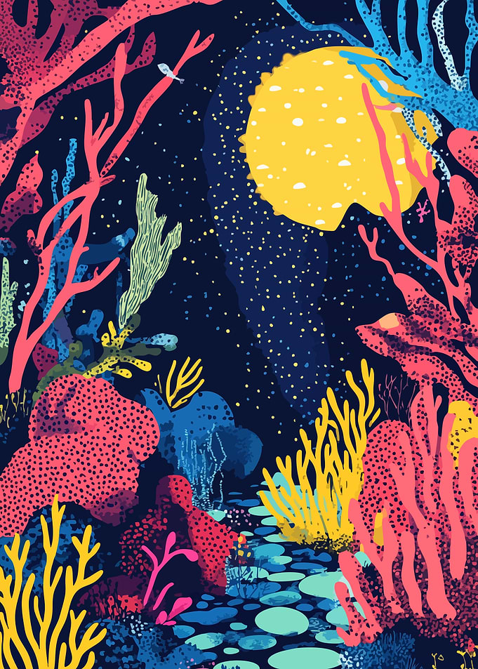 Coral Reef Night Abstract Minimalist Art Illustration