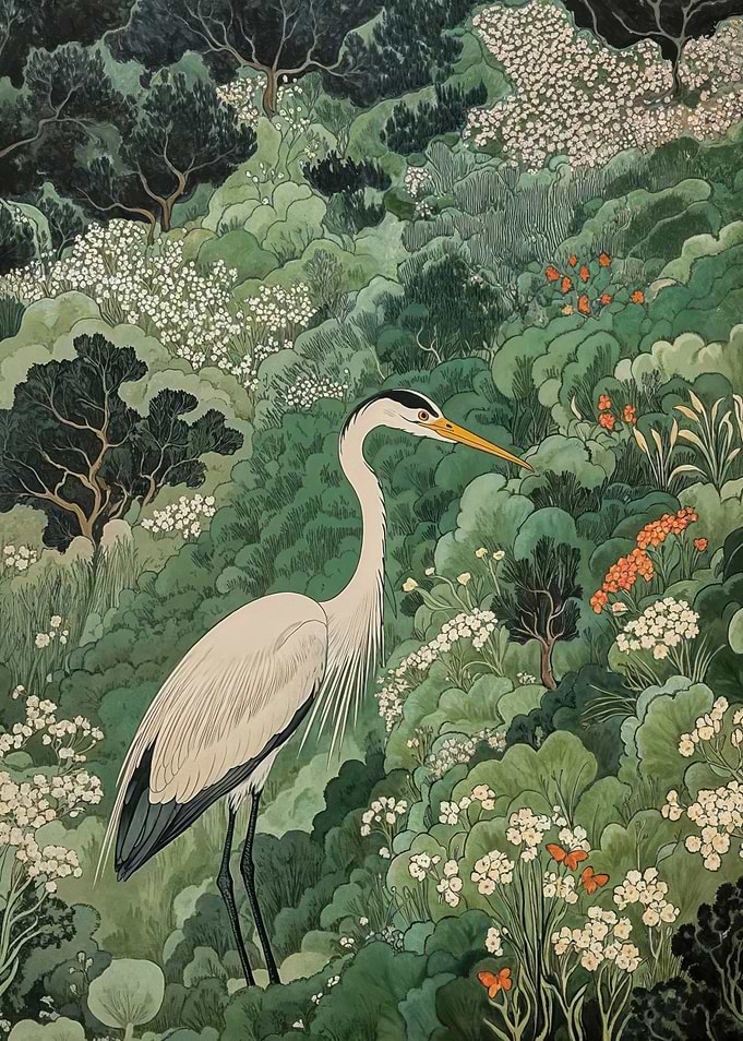 Heron in a japanese Botanical Garden in retro Sage Green Aesthetic