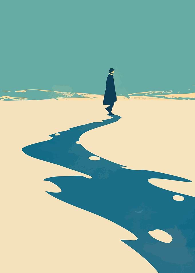 Lone Snowy Walk Minimalist Art Illustration