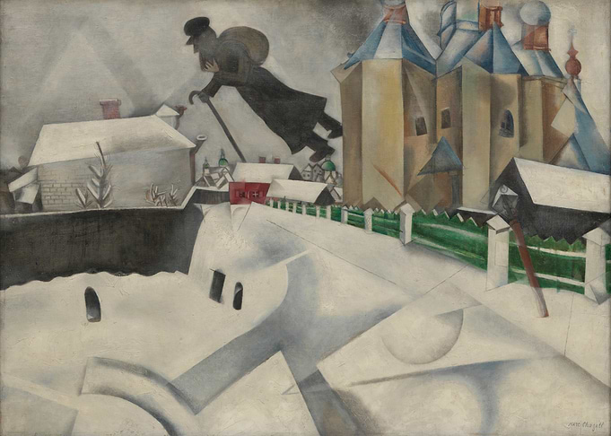 Man Flying Over Snowy Town