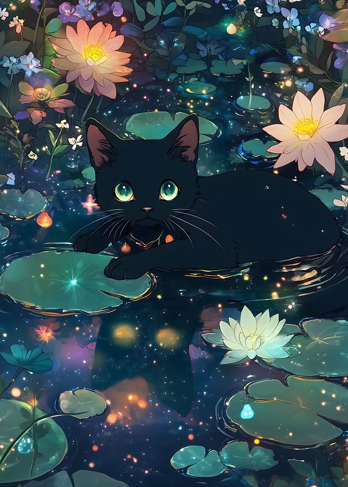 Black Cat in a Starry Pond