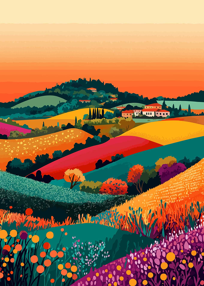 Cozy Italian Sunset Hills Minimalist Art Illustration
