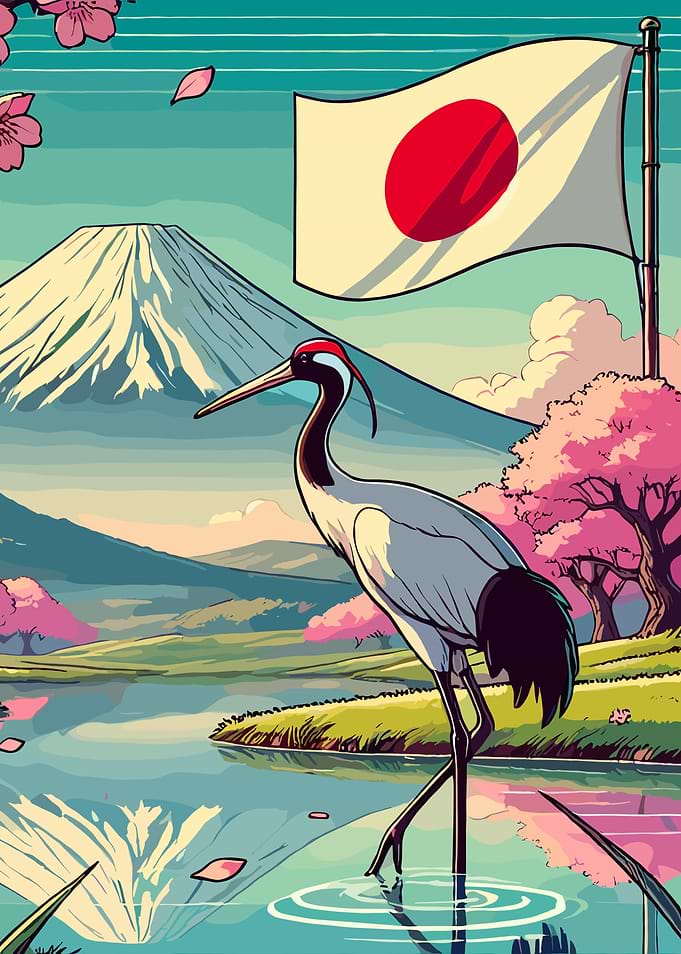 Japanese Flag, Crane, and Mt. Fuji