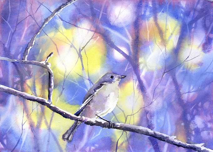Watercolor Bird on Branch