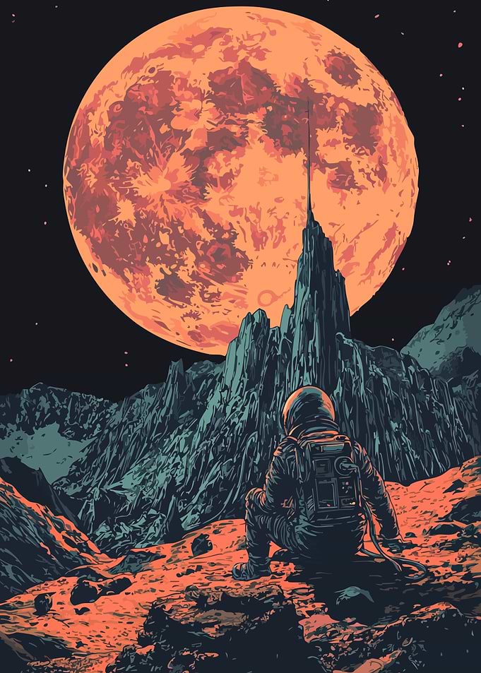 Astronaut Moon Retro Minimalist Art Illustration