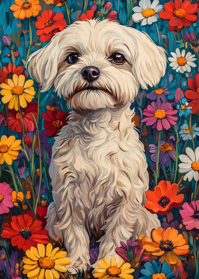 Maltese in Wildflower Meadow | Dog Wall Art Print | White Dog in Flower Field
