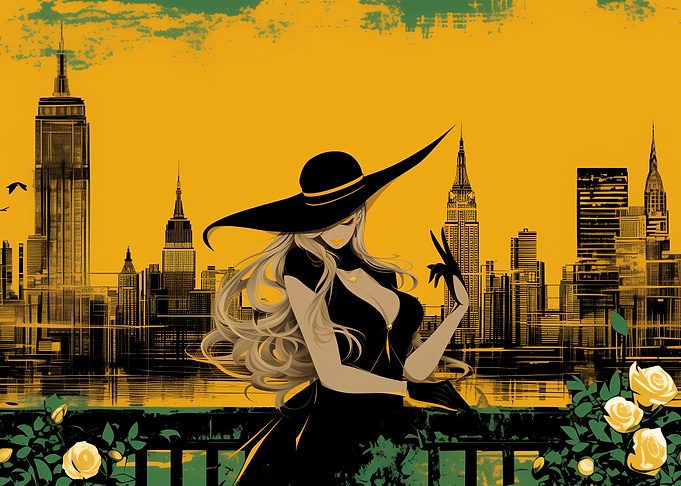 Woman in Hat, NYC Skyline