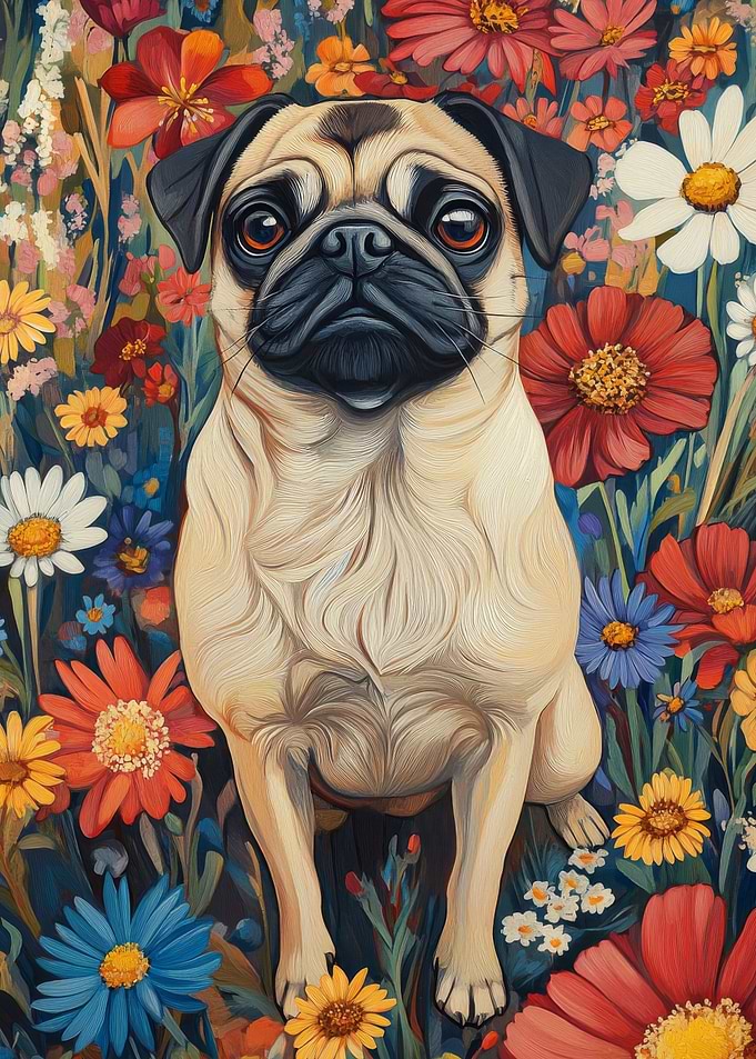 Pug in a Flower Field | Pug Surrounded by Blooms | Dog Wall Art Print
