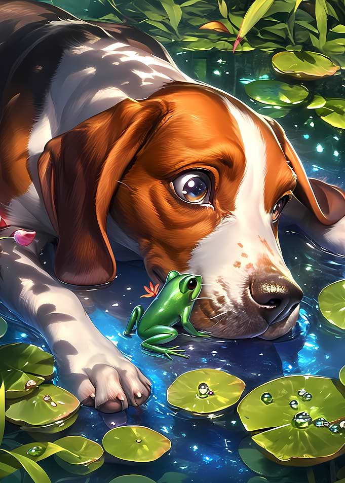 Beagle Dog and Frog by the Pond Animal