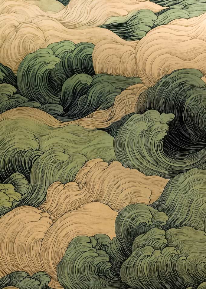 Sage Green And Gold Waves Wall Art Minimalist Retro Japandi Waves