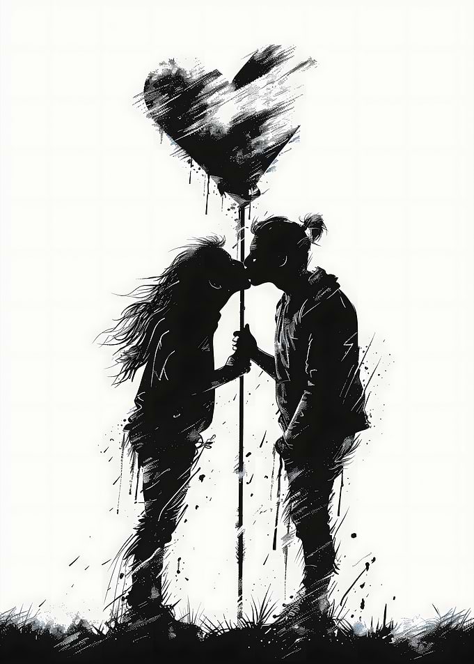 Silhouette Kiss with Heart