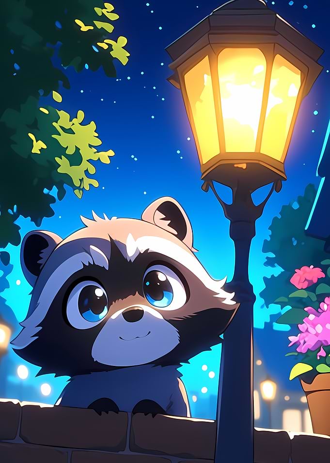 Cute Raccoon Night Scene