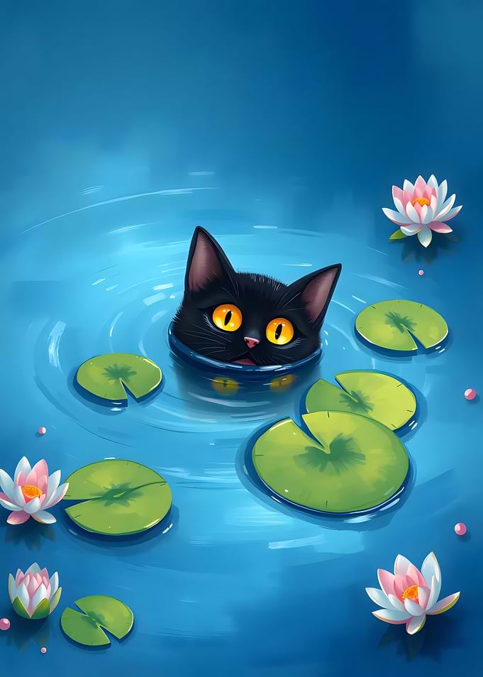 Black Cat in Water Lilies