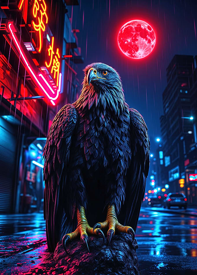 Cyberpunk Eagle Under Neon Red Moon