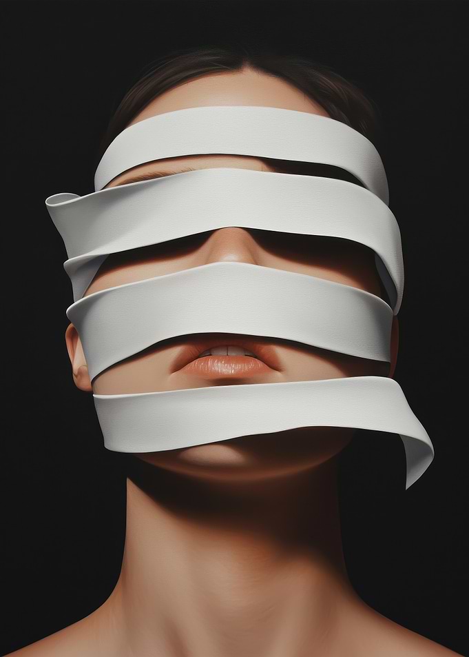 Woman's Face Covered in White Bands