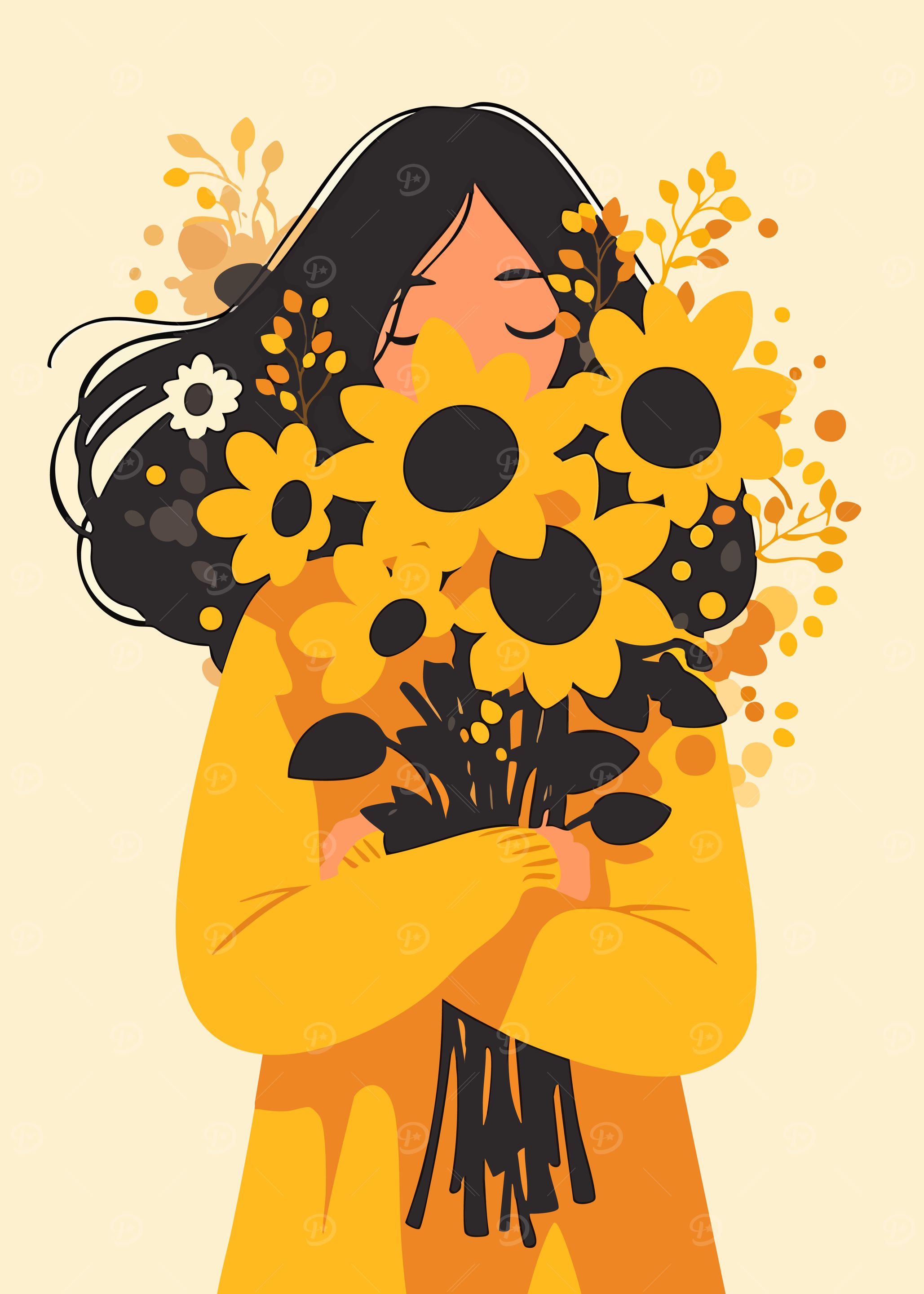 Autumn Girl with Yellow Flowers Minimalist Art Illustration