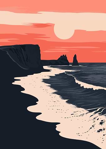 Black Sands of Iceland Sunset Coastline Minimalist Art Illustration