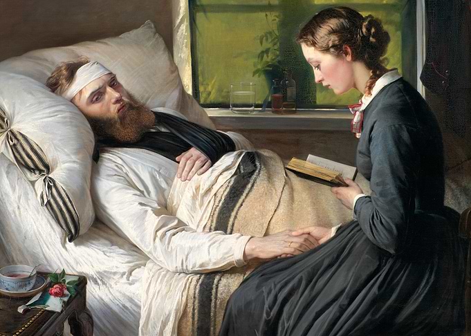 Woman Reading to Sick Man