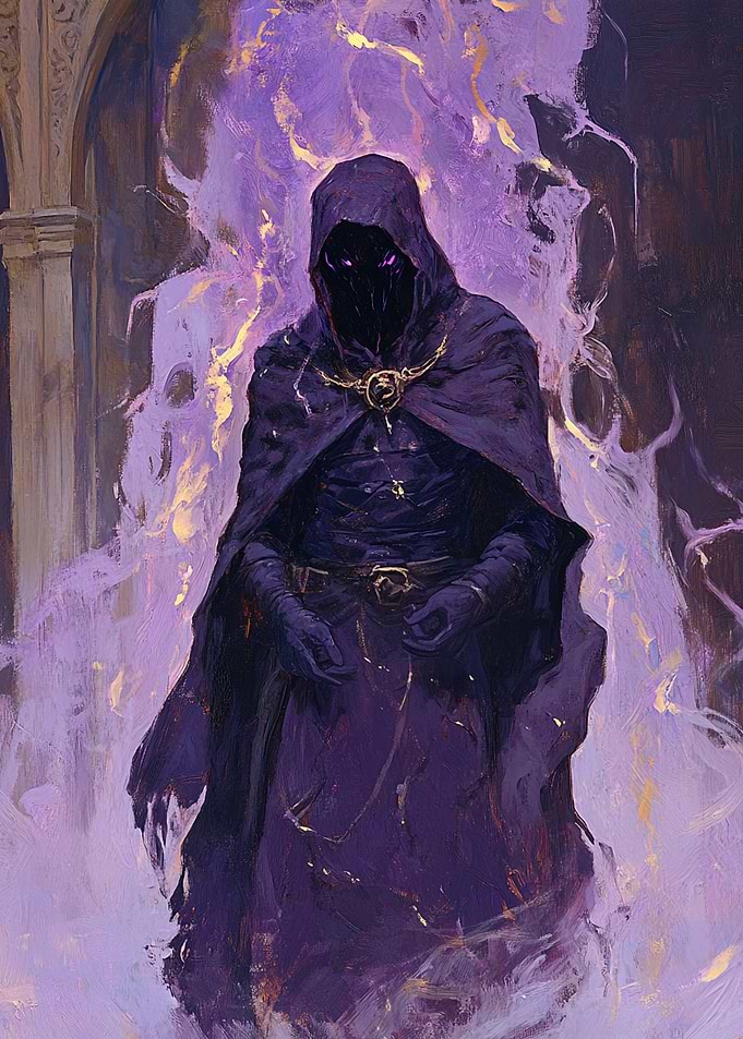 Hooded Figure in Purple Flames