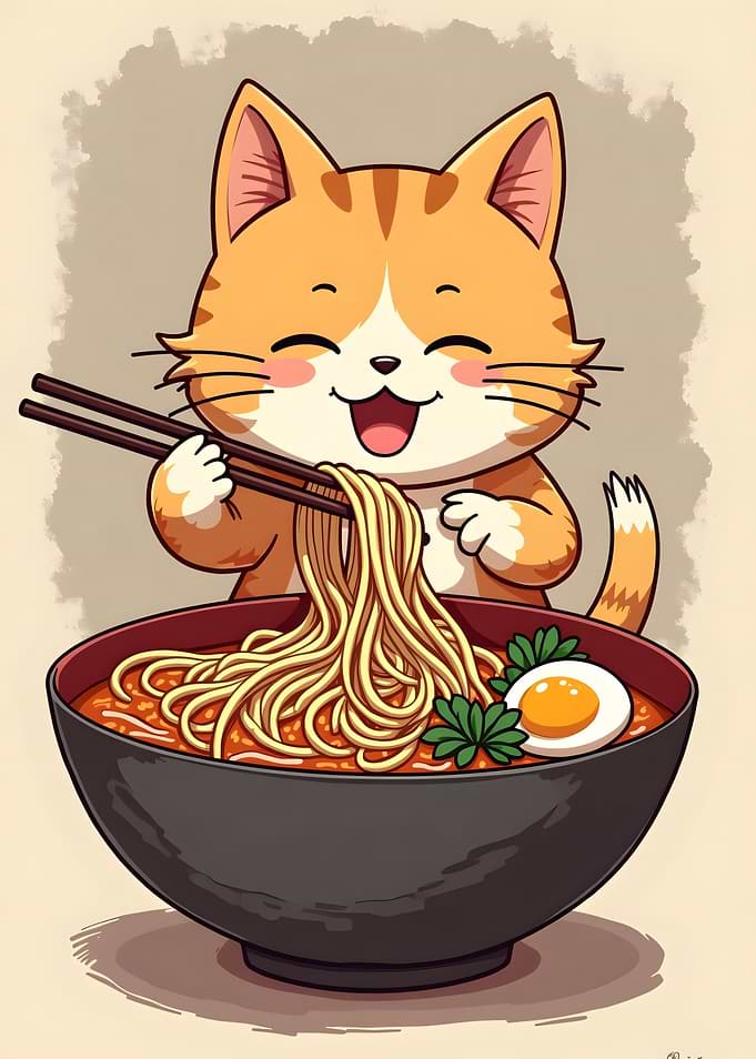 Cute Cat Eating Ramen
