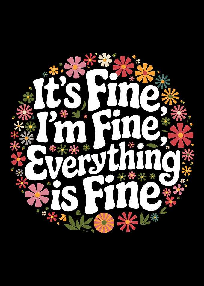 it's fine I'm fine everything is fine kindness positive thinking and goodness inspirational quote colorful blue and red flowers pattern floral graphic