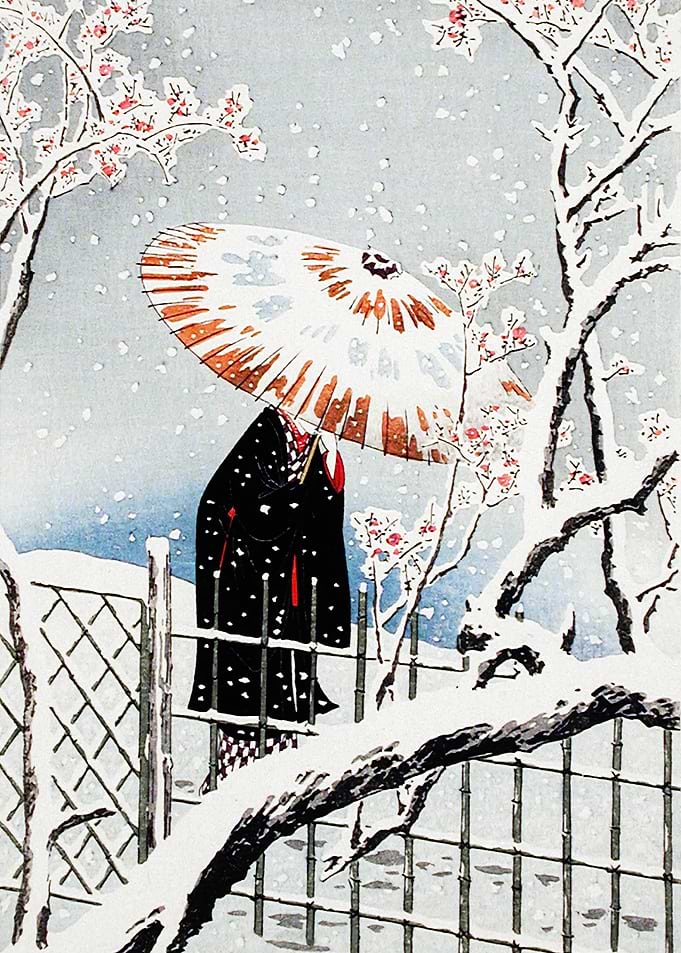 Woman in Snow with Umbrella