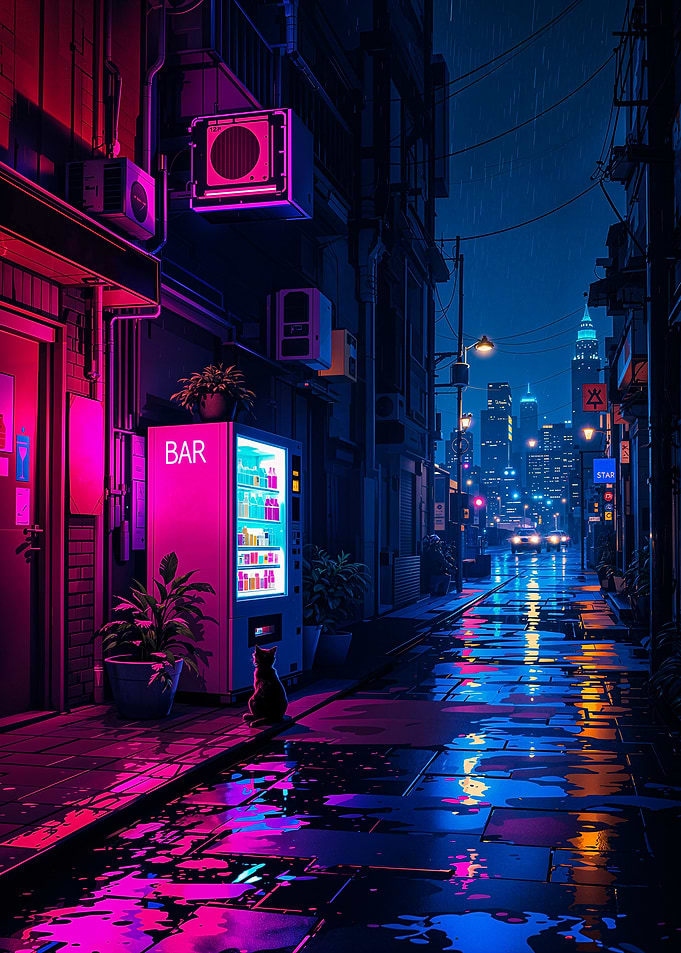 Cat in a Neon Wet Street Cityscape Vending Machine