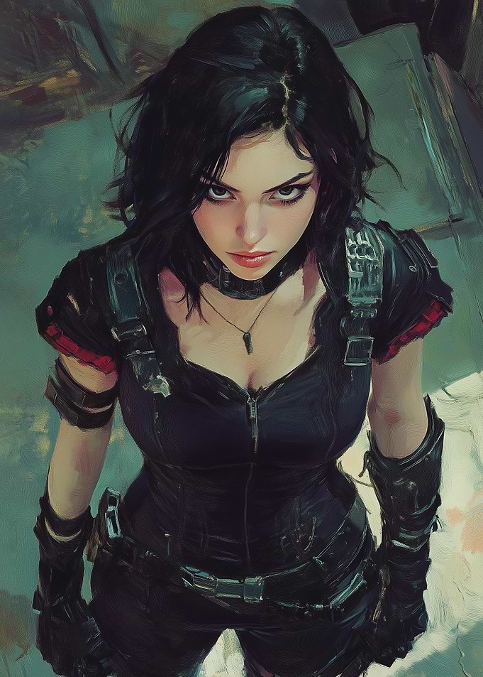 Dark-Haired Woman in Black Outfit, Cyberpunk