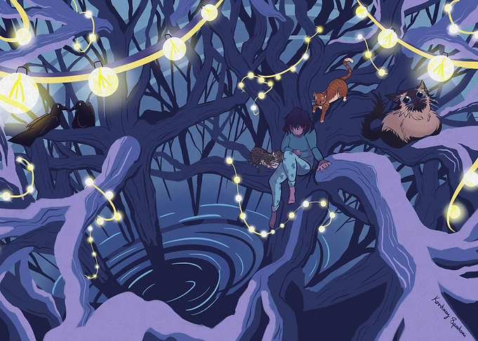 Girl and Cats in Tree