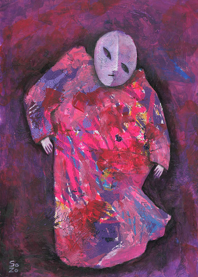 Abstract Dancing Figure in Pink wearing Mask