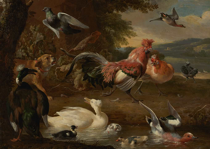 Barnyard Birds and Dog