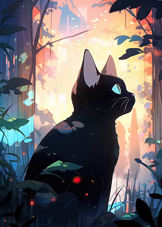 Black Cat in a Dreamy Forest