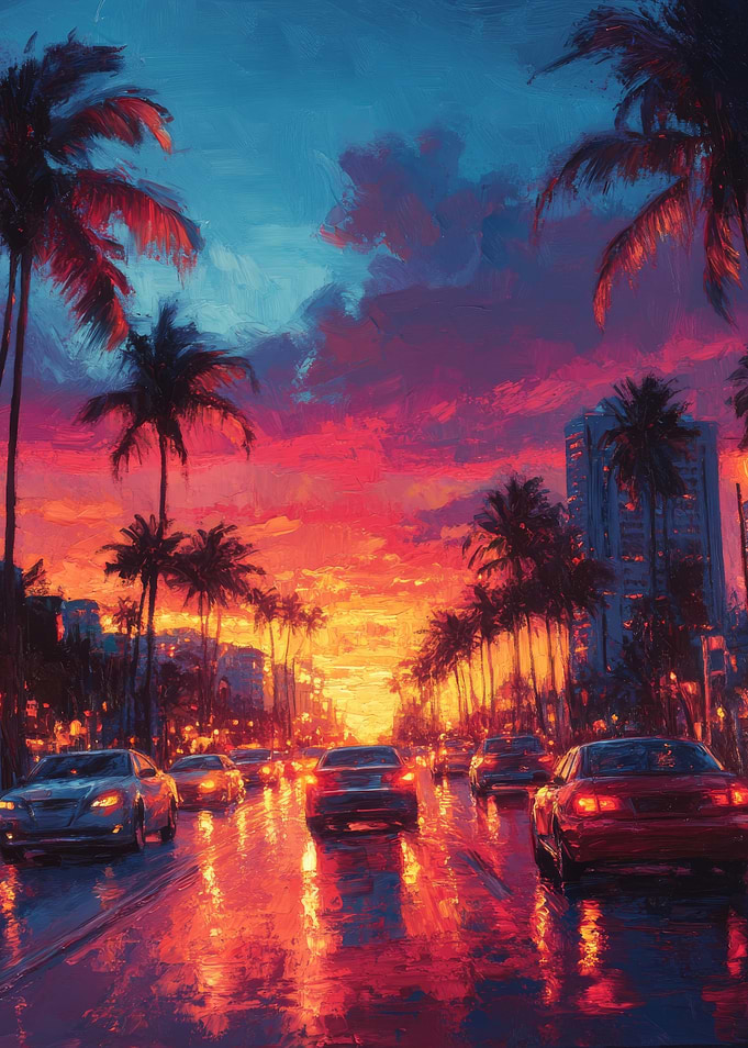 Sunset Cityscape with Palm Trees