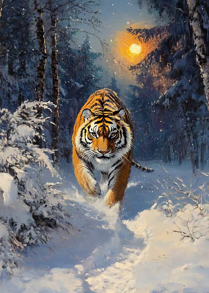 Tiger in Snowy Forest