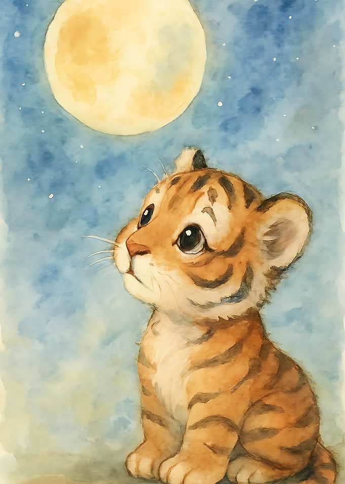 Tiger Cub Under the Moon