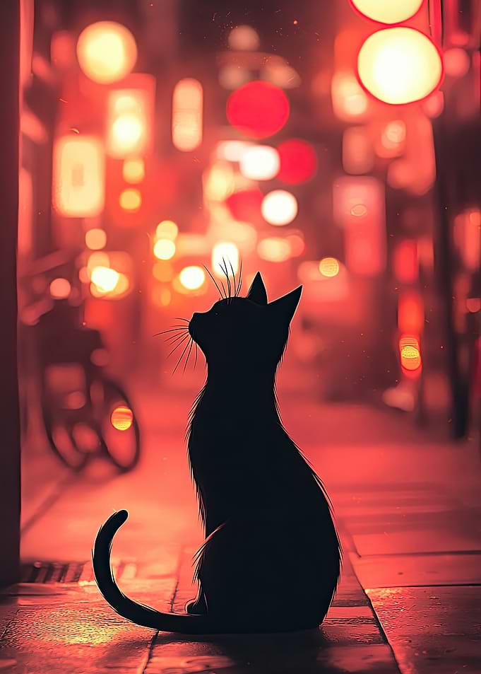Black Cat in City Lights