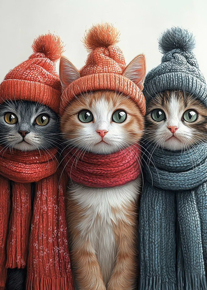 Three Cats in Winter Hats