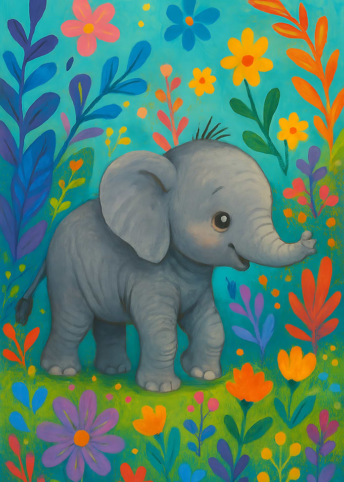 Cute Baby Elephant in Flower Garden