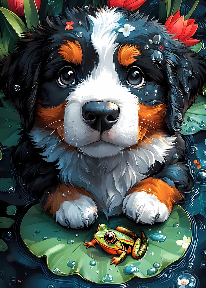 Puppy and Frog on Lily Pad