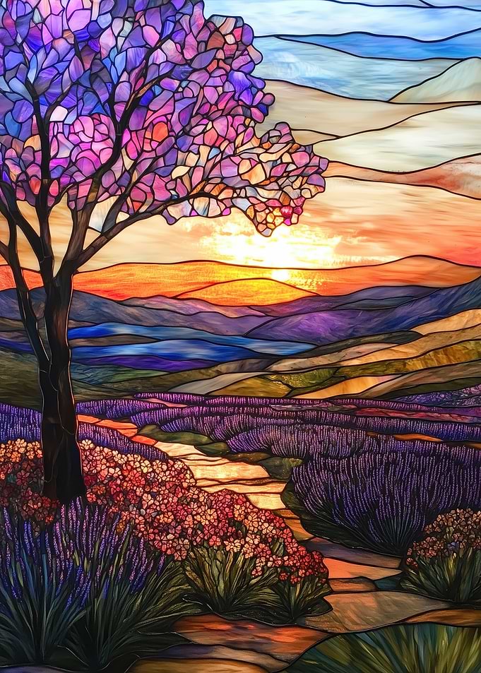 Stained Glass Sunset Landscape
