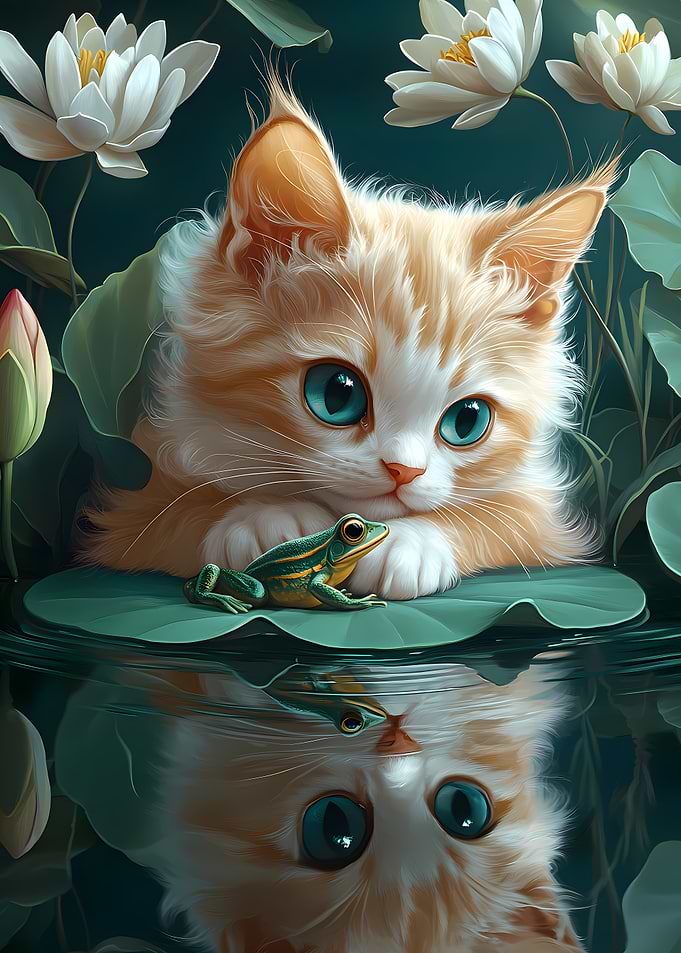Kitten and Frog on Lily Pad Cornish Rex Cat